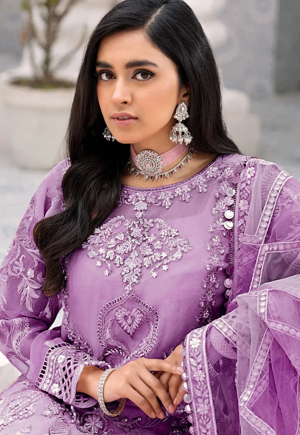 Hand Embroidered Net Lehenga in Purple