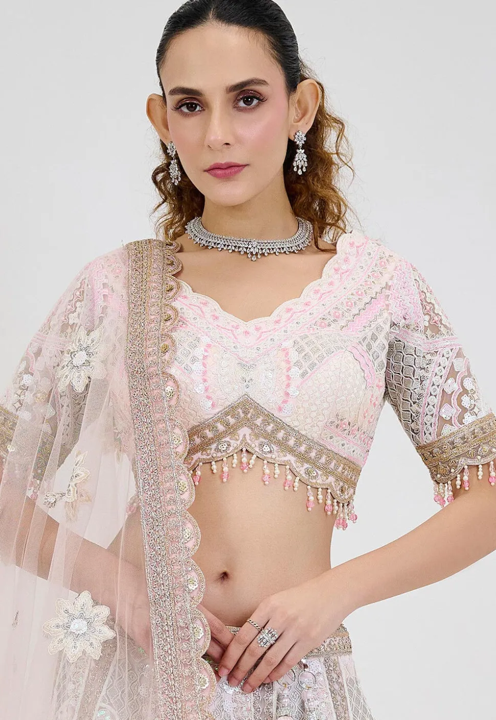 Hand Embroidered Net Lehenga in Off White