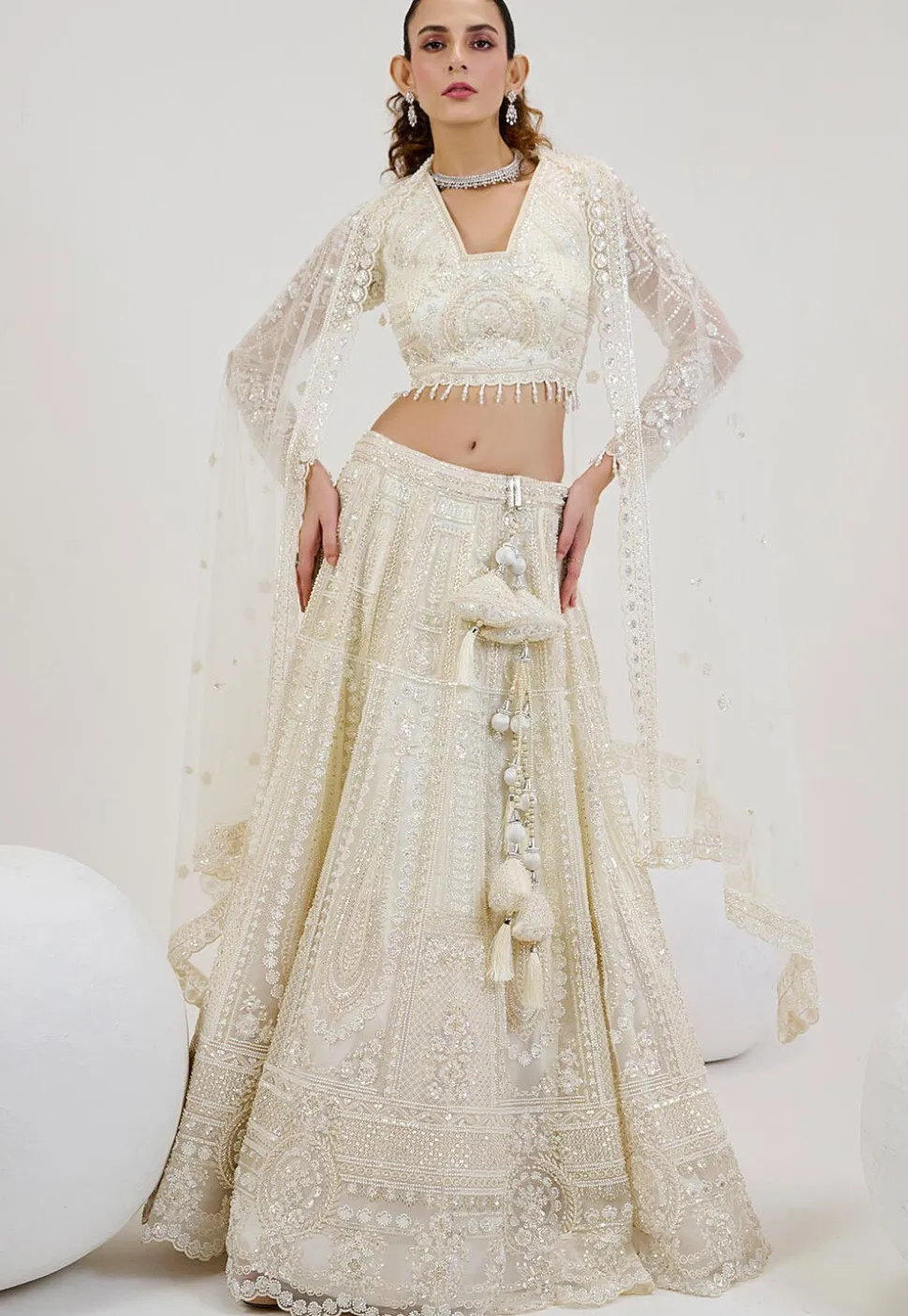 Hand Embroidered Net Lehenga in Off White