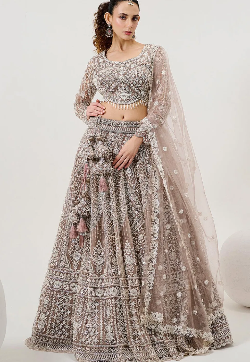 Hand Embroidered Net Lehenga in Old Rose