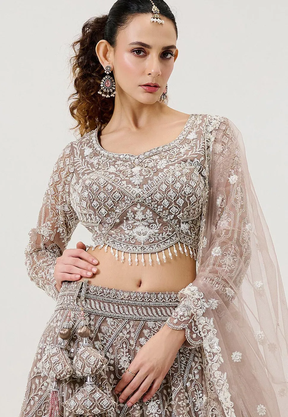 Hand Embroidered Net Lehenga in Old Rose