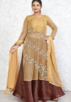 Hand Embroidered Net Lehenga in Beige