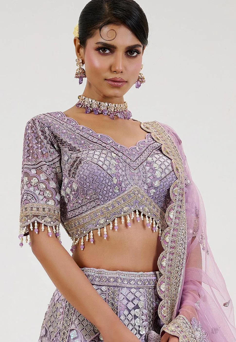 Hand Embroidered Net Lehenga in Light Purple