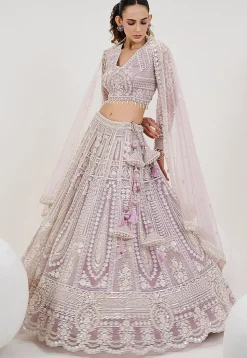Hand Embroidered Net Lehenga in Light Purple