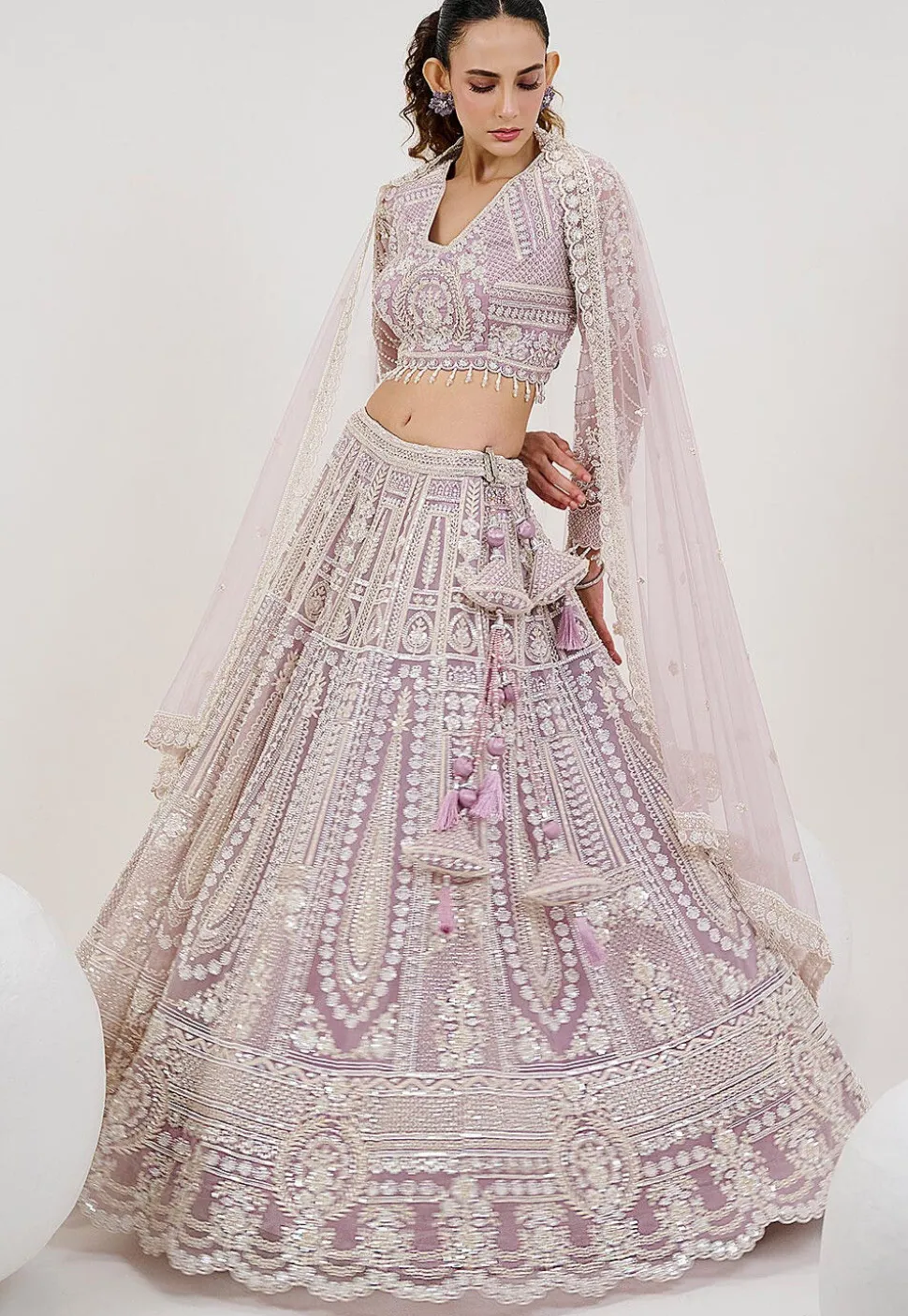 Hand Embroidered Net Lehenga in Light Purple