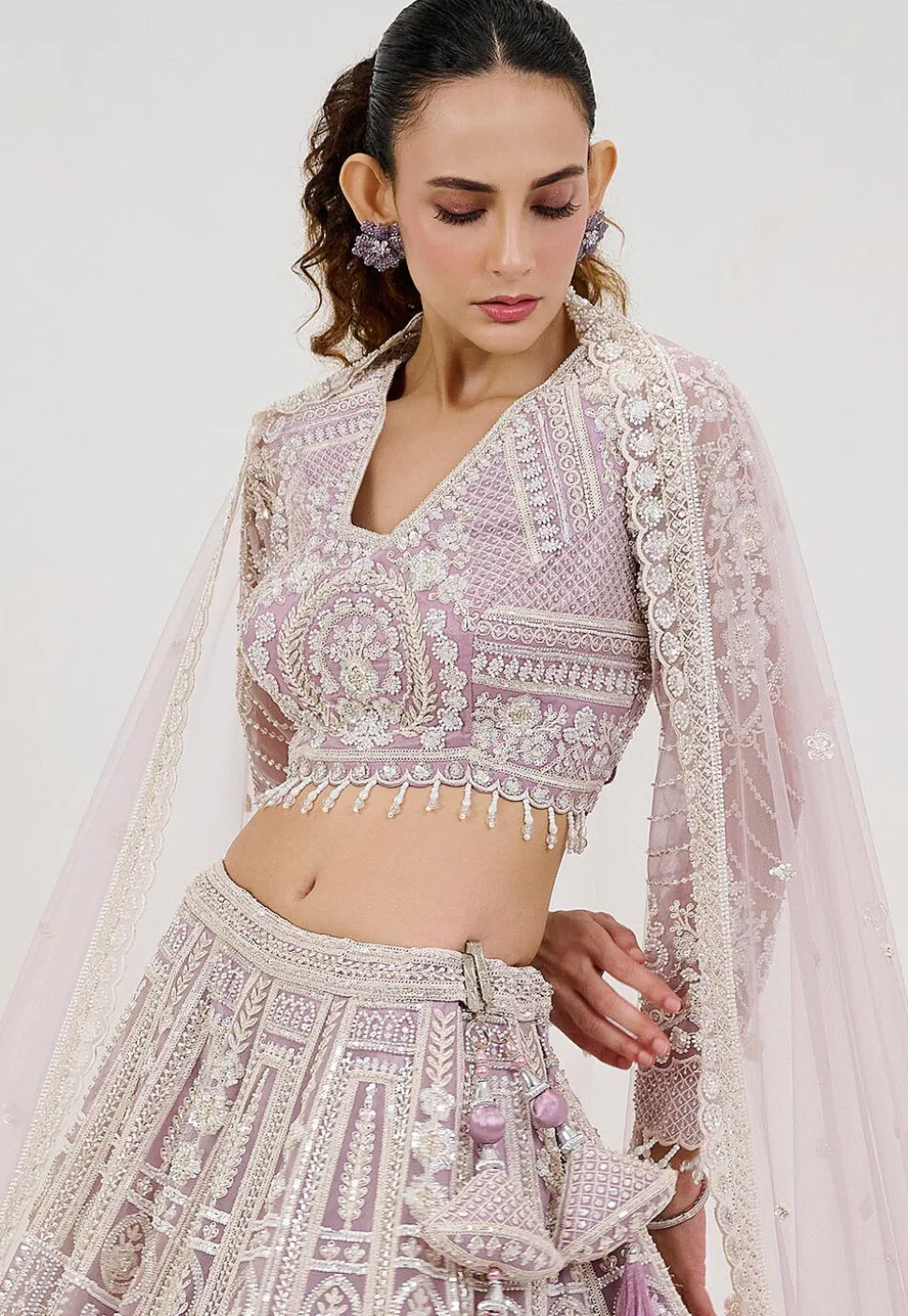 Hand Embroidered Net Lehenga in Light Purple