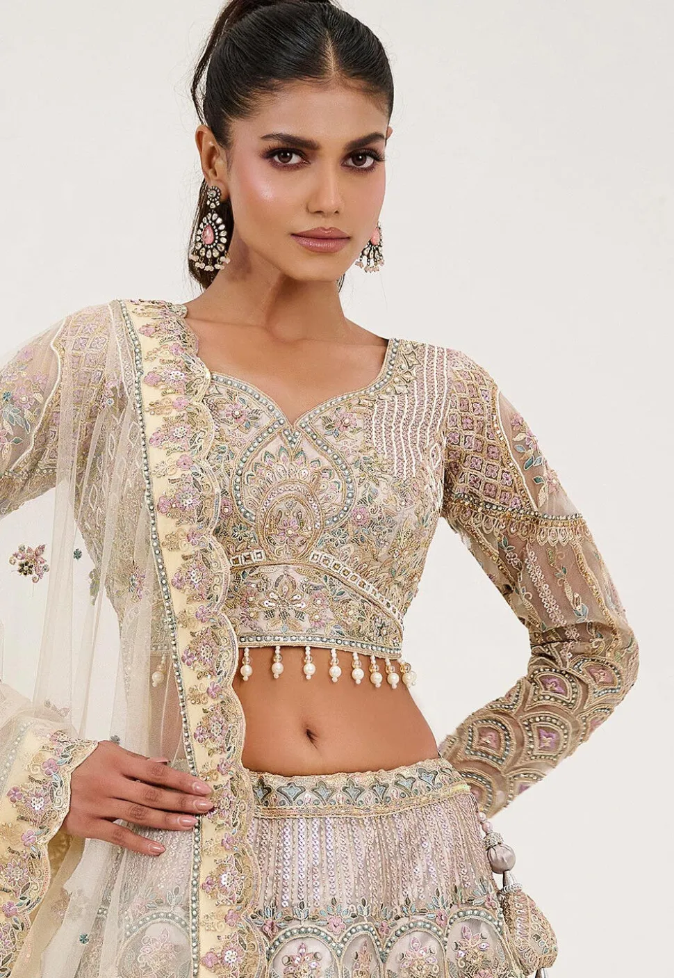 Hand Embroidered Net Lehenga in Off White