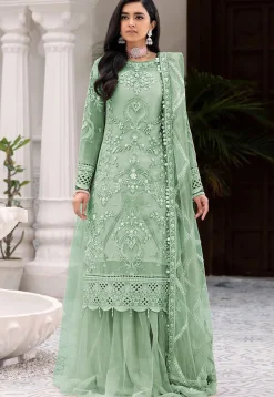 Hand Embroidered Net Lehenga in Sea Green