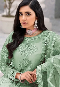 Hand Embroidered Net Lehenga in Sea Green