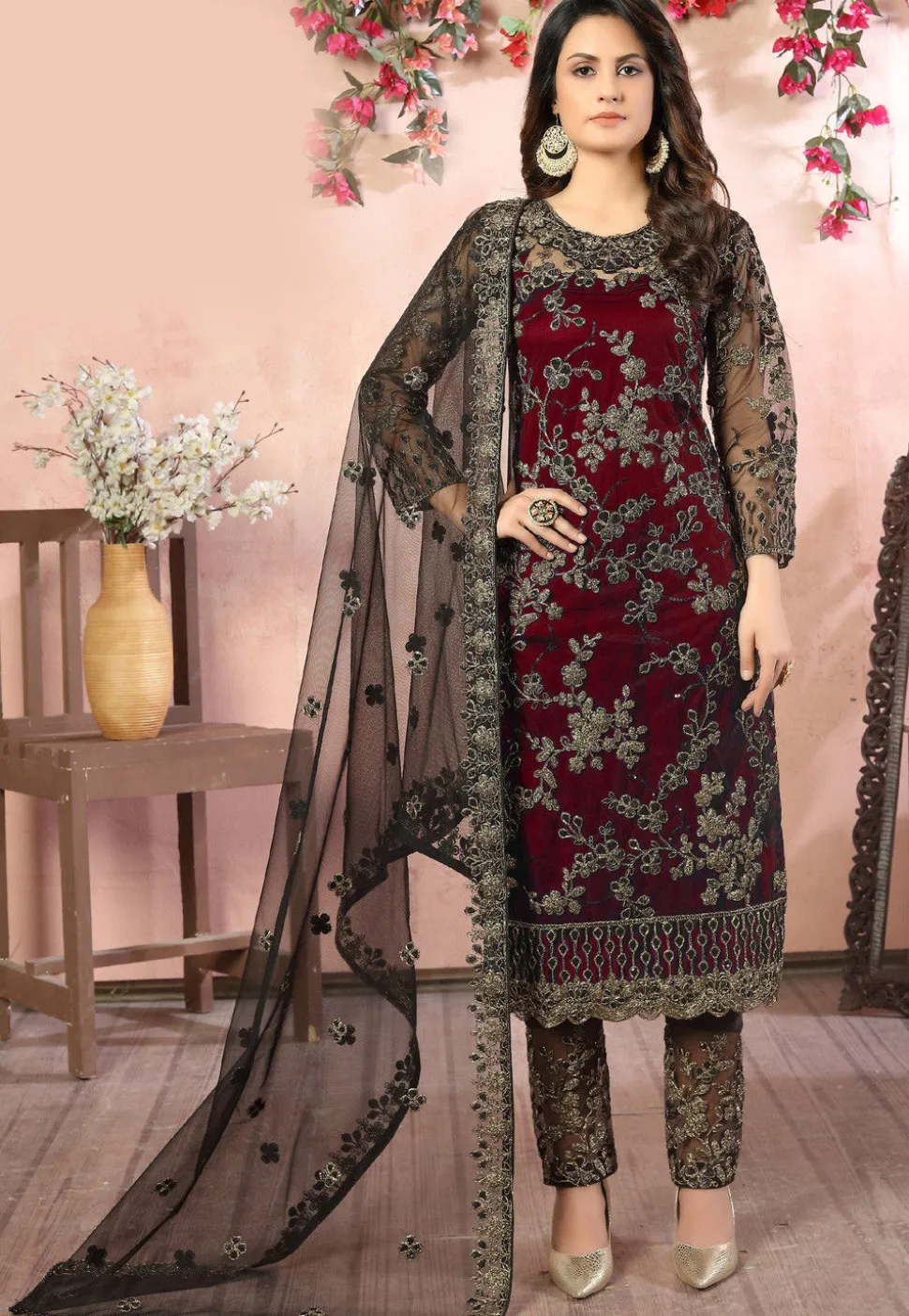 Hand Embroidered Net Pakistani Suit in Maroon