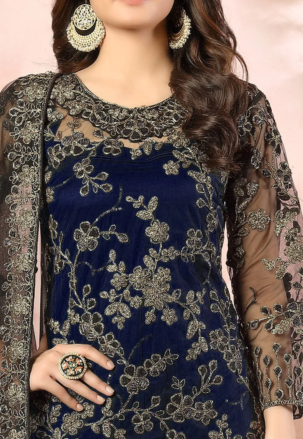 Hand Embroidered Net Pakistani Suit in Navy Blue