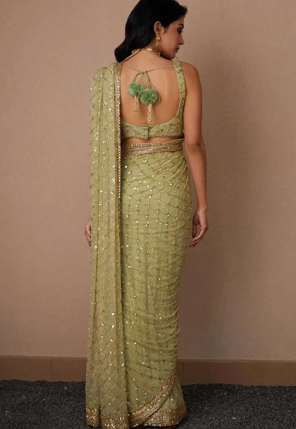 Hand Embroidered Net Saree in Pastel Green