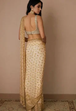 Hand Embroidered Net Saree in Dark Beige
