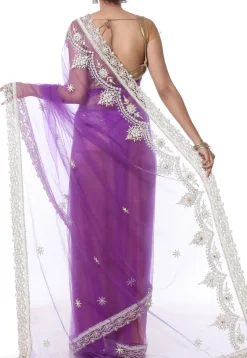 Hand Embroidered Net Saree in Purple