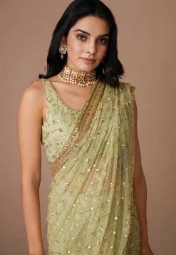 Hand Embroidered Net Saree in Pastel Green