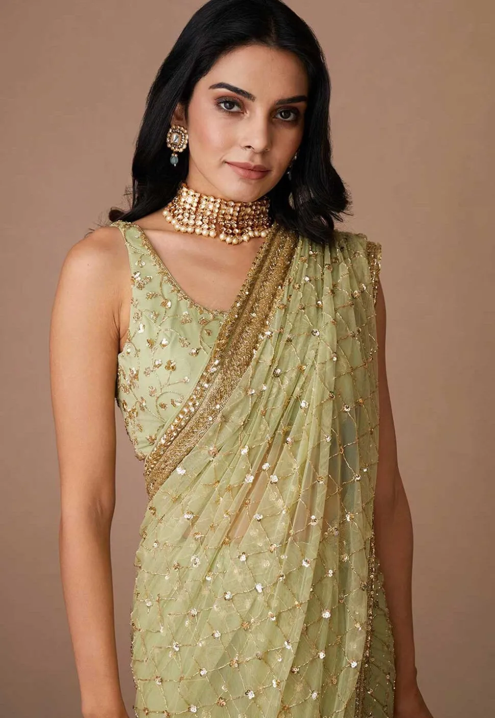 Hand Embroidered Net Saree in Pastel Green