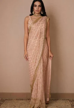 Hand Embroidered Net Saree in Light Pink