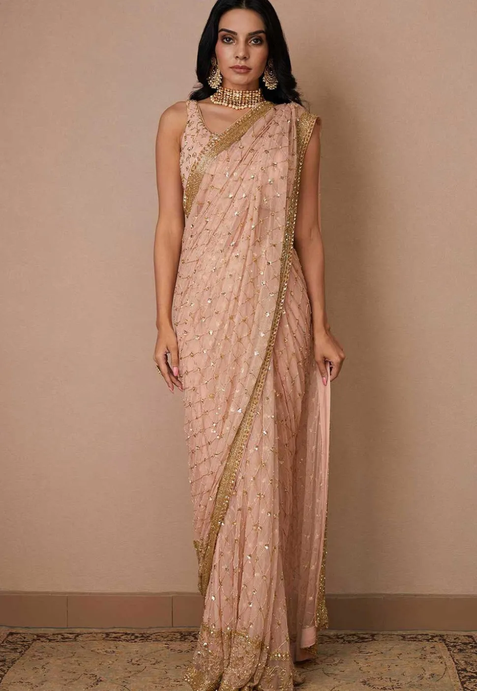 Hand Embroidered Net Saree in Light Pink