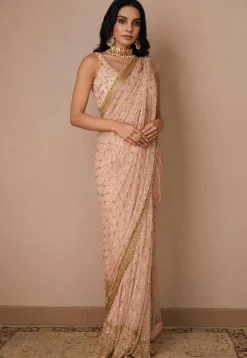 Hand Embroidered Net Saree in Light Pink