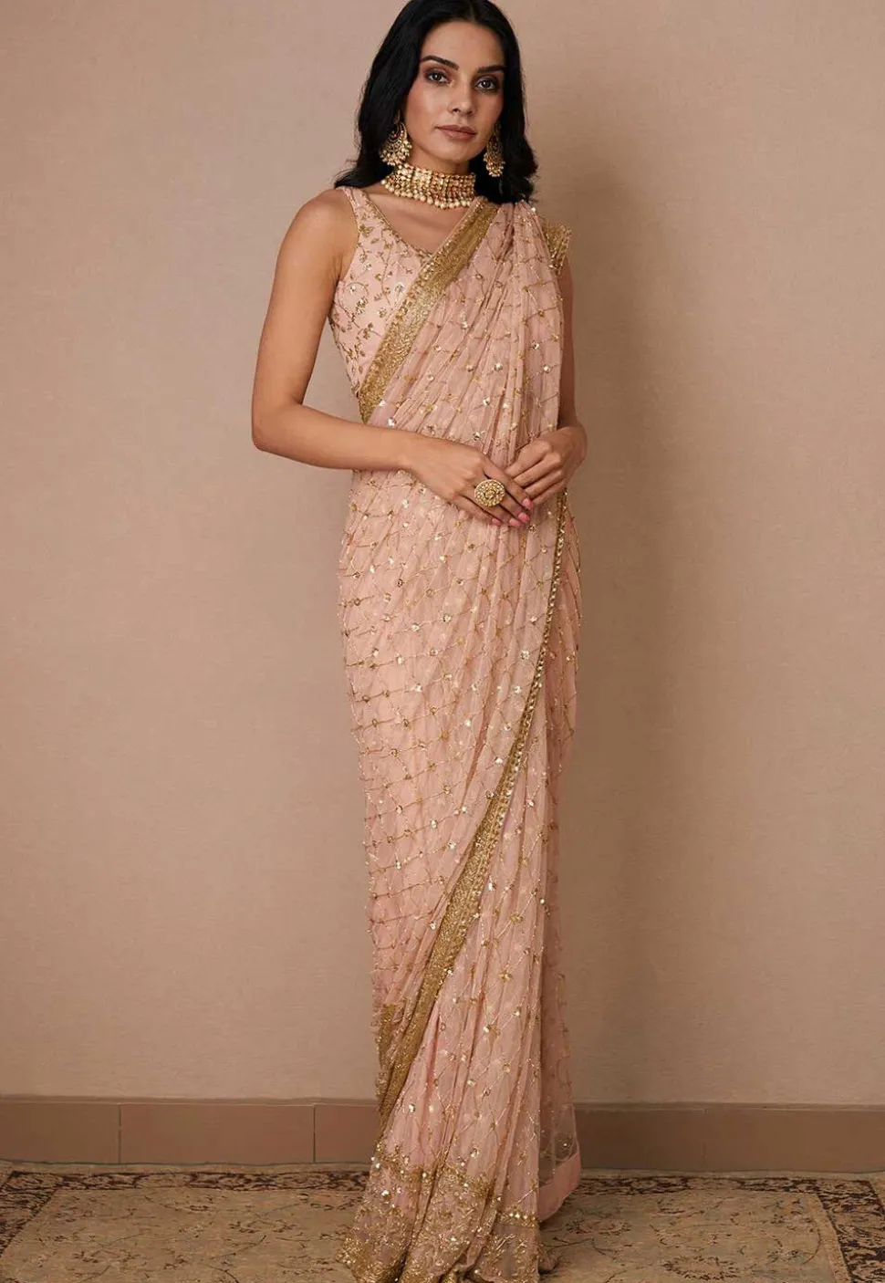Hand Embroidered Net Saree in Light Pink