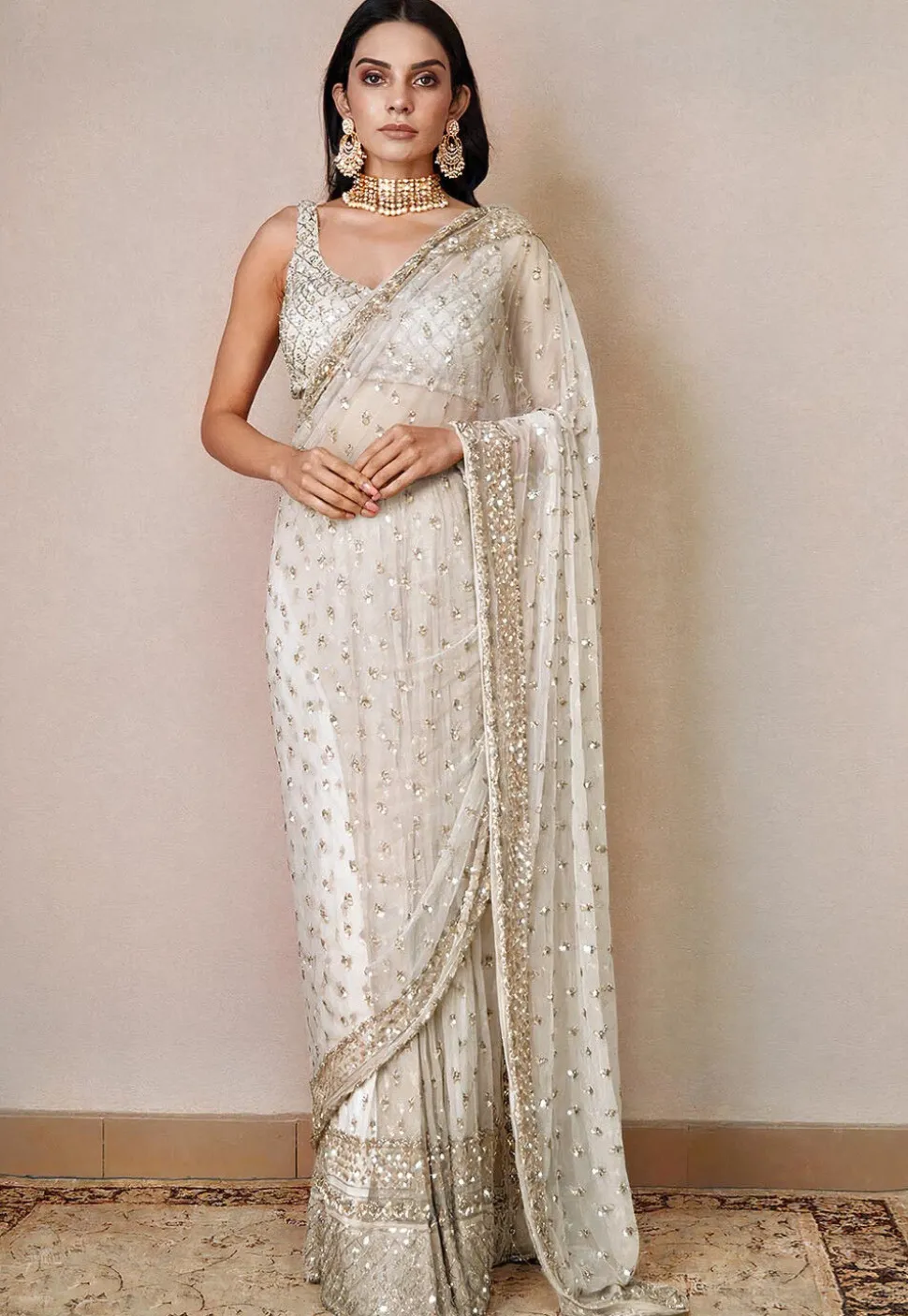 Hand Embroidered Net Saree in Off White