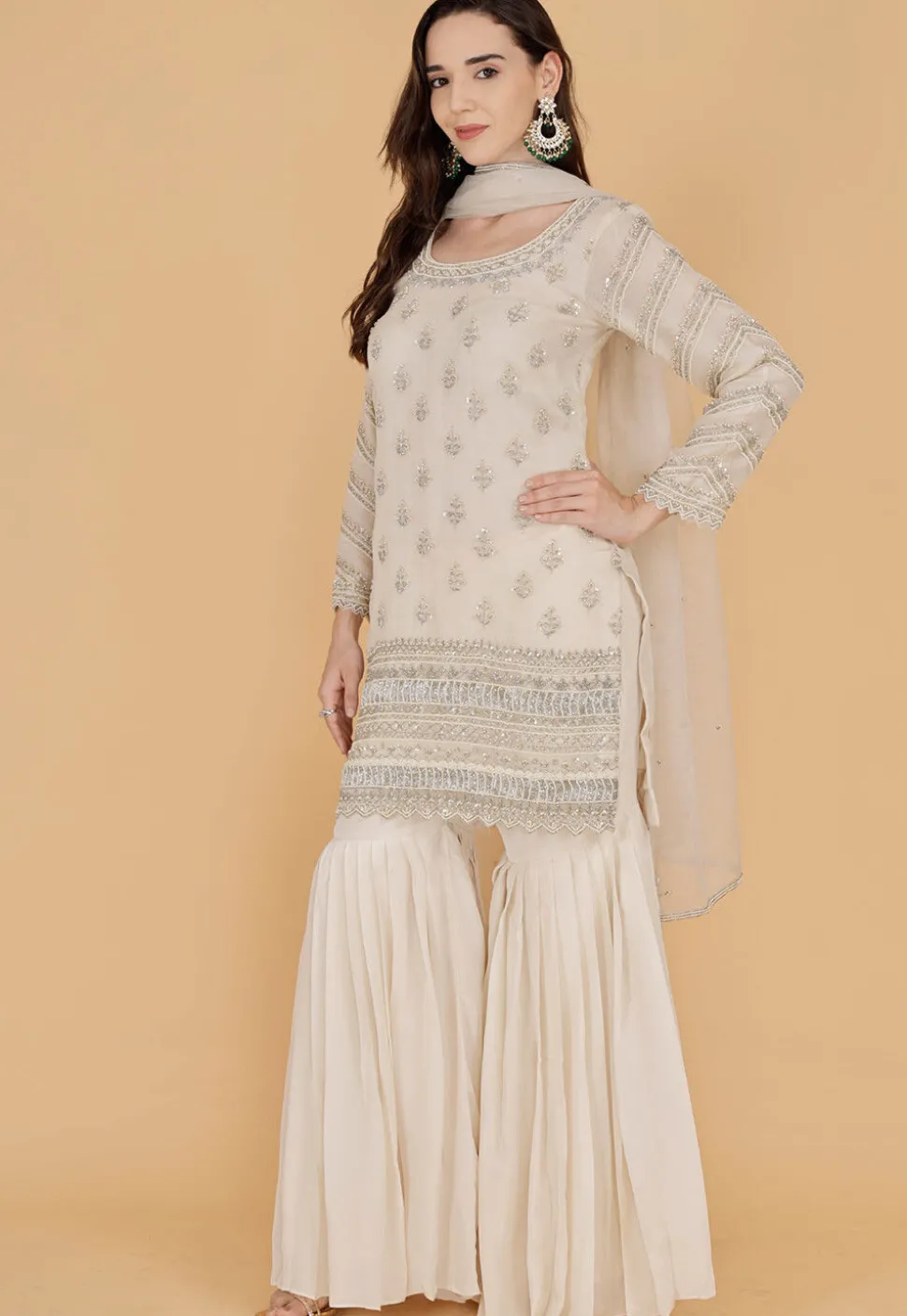 Hand Embroidered Organza Pakistani Suit in Light Beige