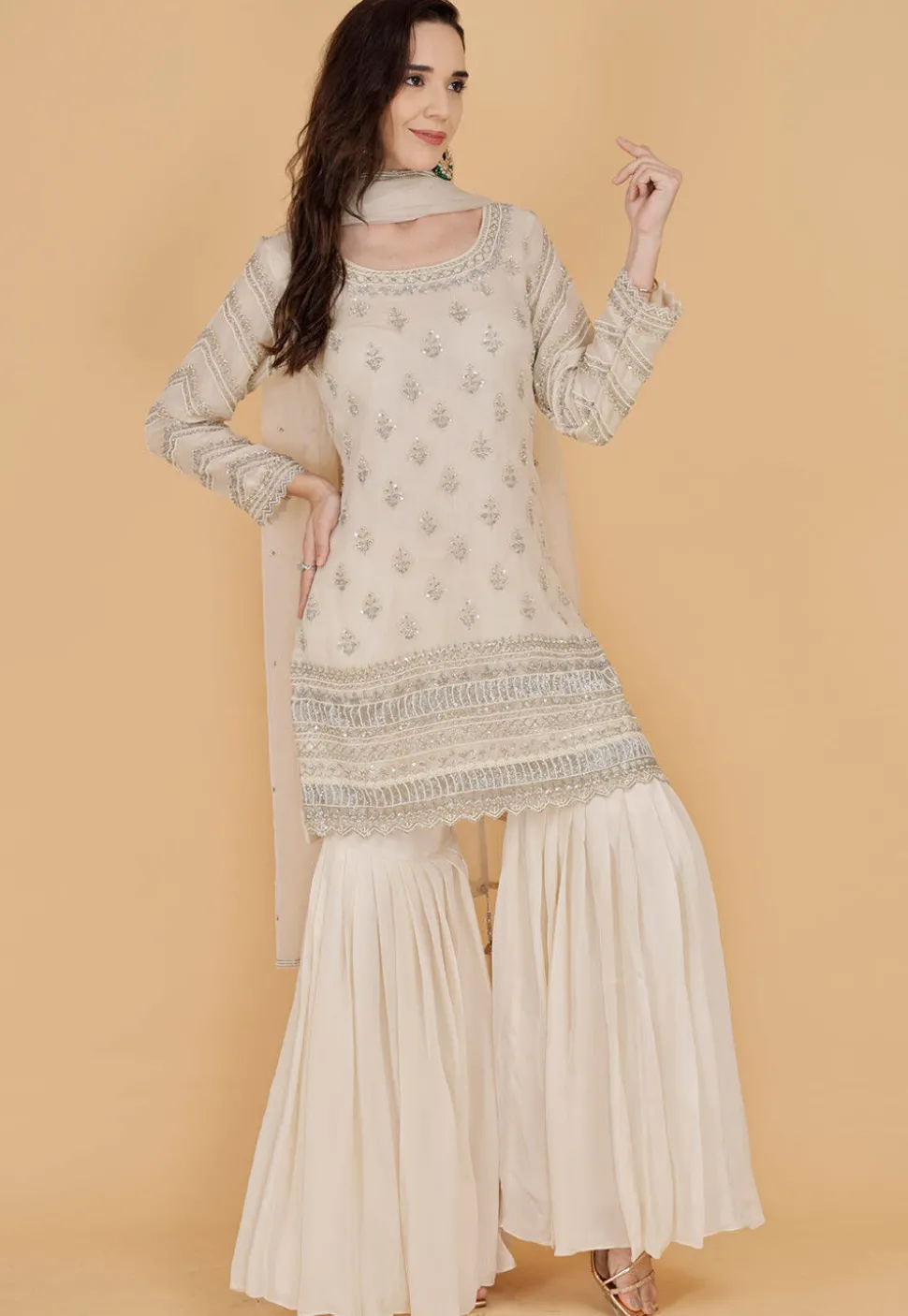 Hand Embroidered Organza Pakistani Suit in Light Beige