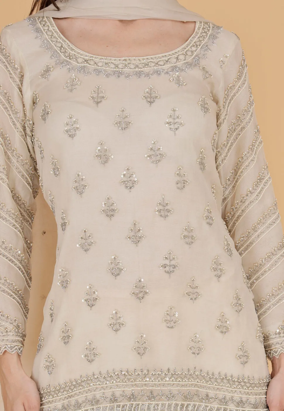 Hand Embroidered Organza Pakistani Suit in Light Beige