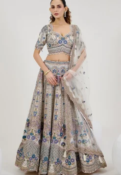Hand Embroidered Organza Lehenga in Off White