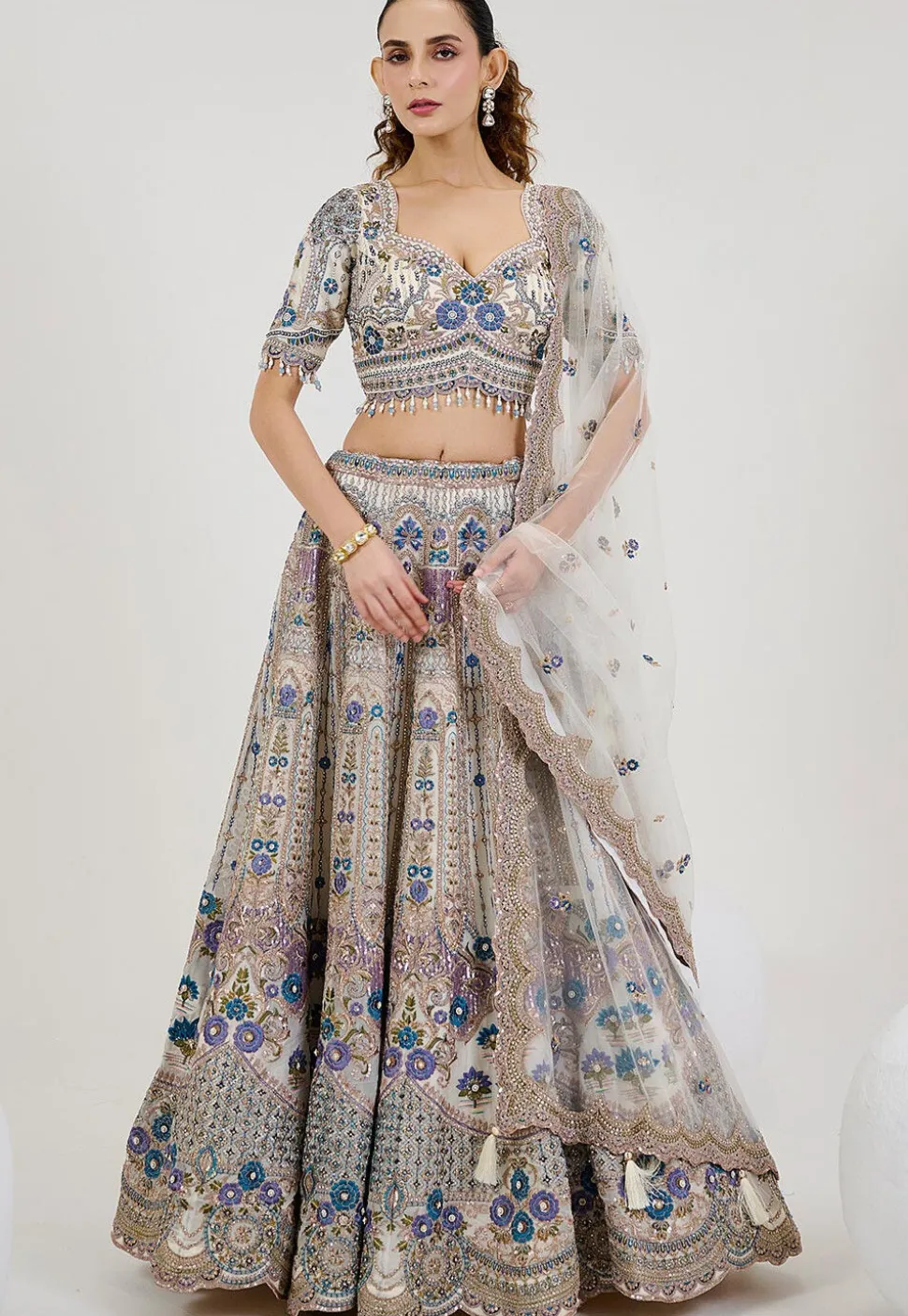 Hand Embroidered Organza Lehenga in Off White