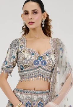 Hand Embroidered Organza Lehenga in Off White
