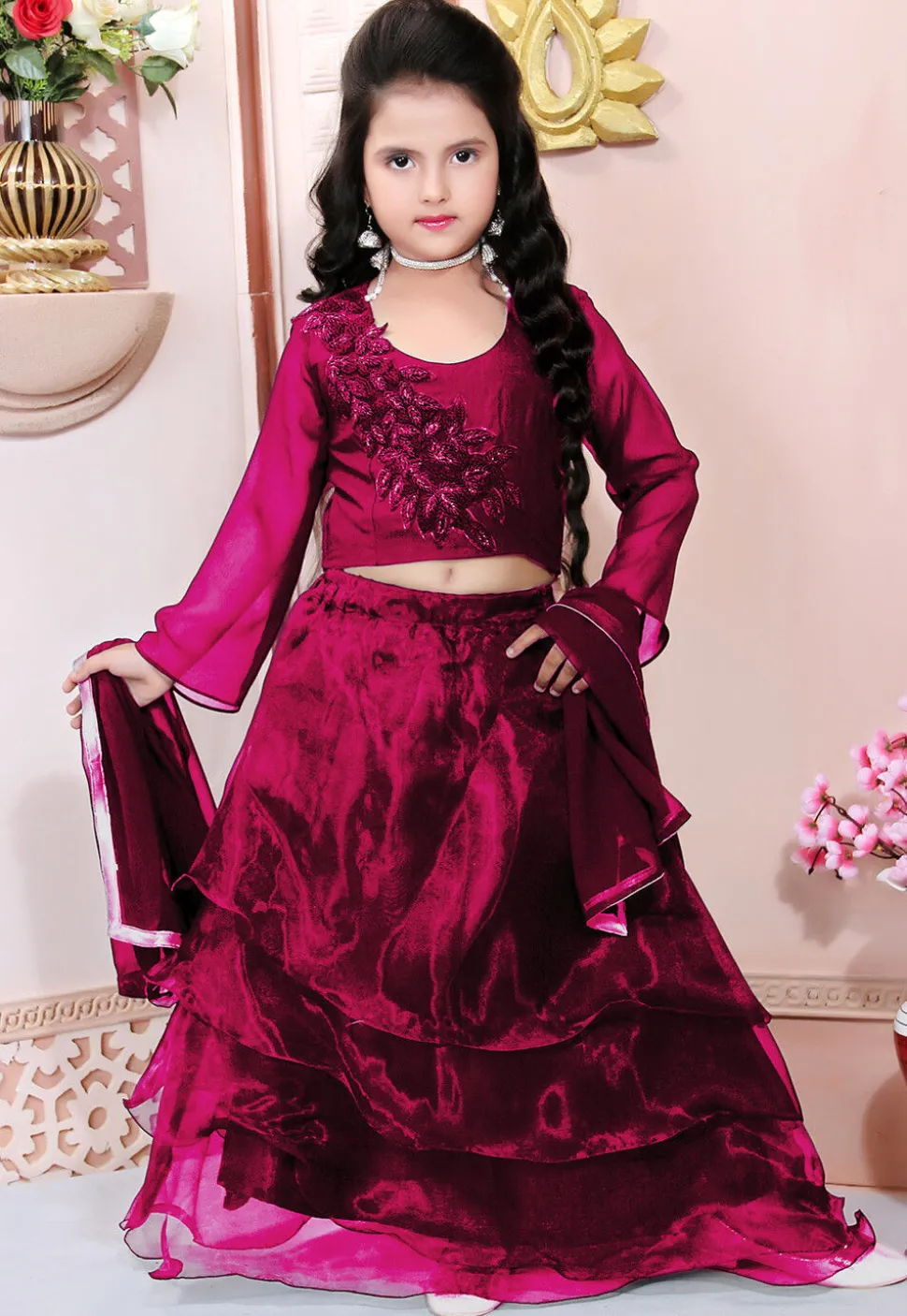 Hand Embroidered Organza Lehenga in Maroon