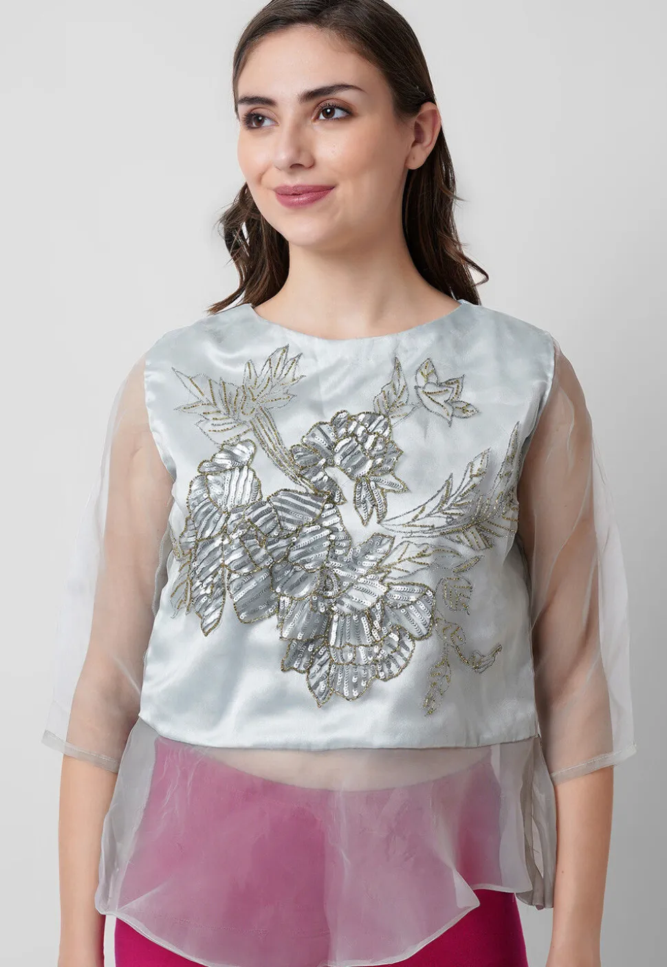 Hand Embroidered Organza Top in Grey