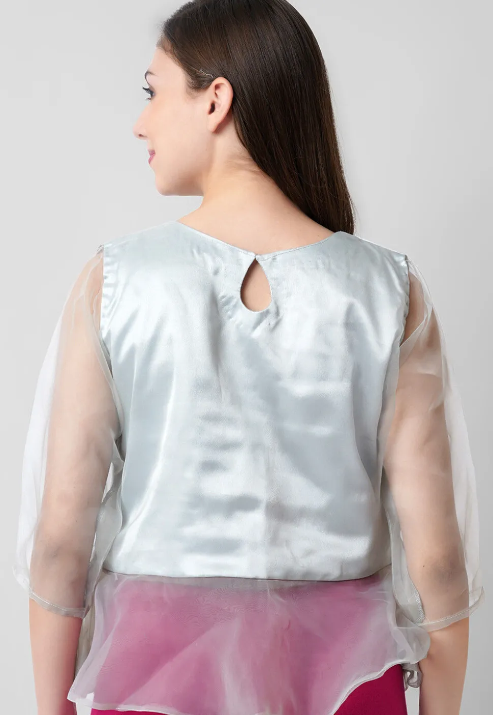 Hand Embroidered Organza Top in Grey