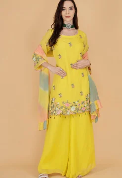 Hand Embroidered Organza Pakistani Suit in Yellow