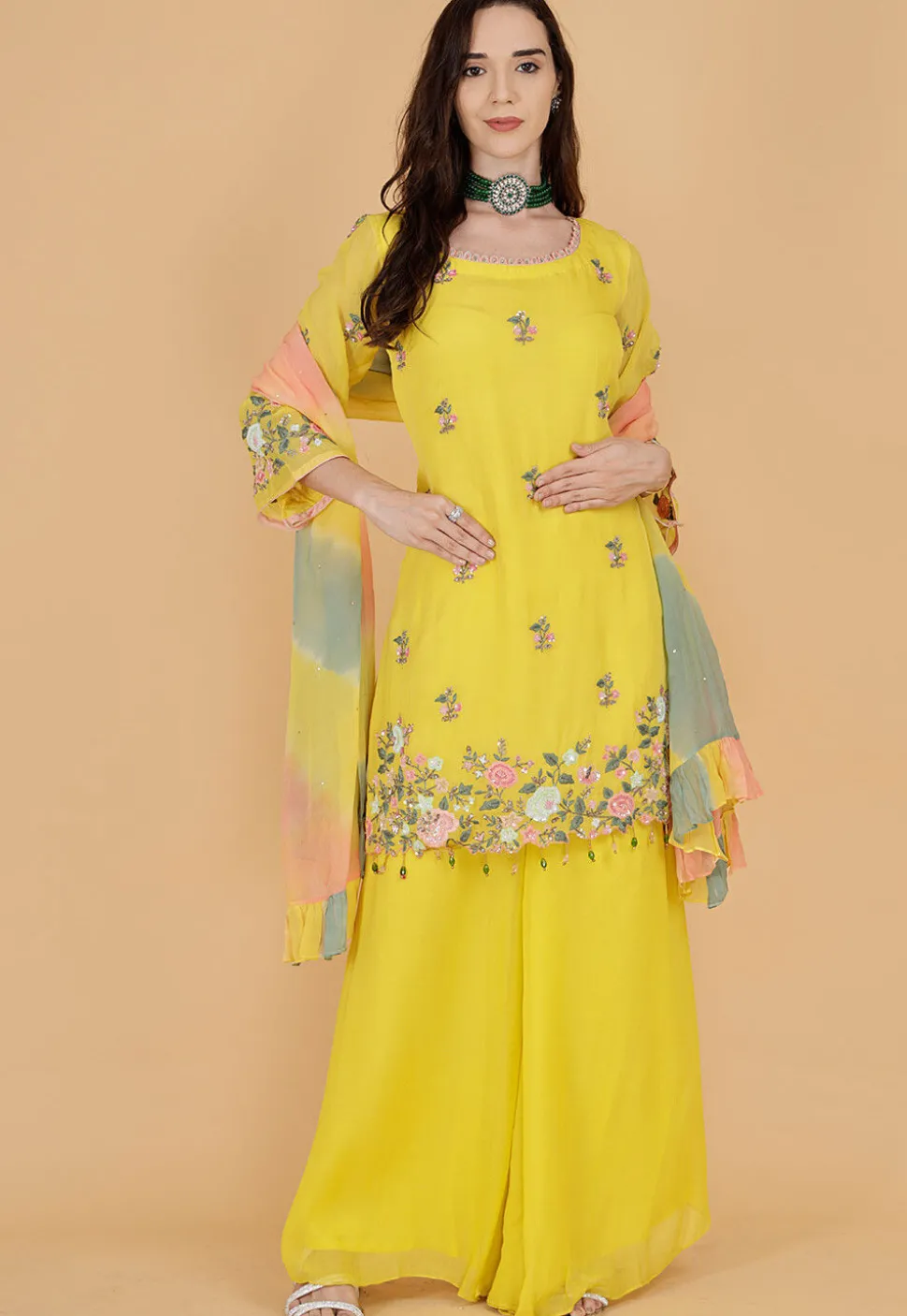 Hand Embroidered Organza Pakistani Suit in Yellow