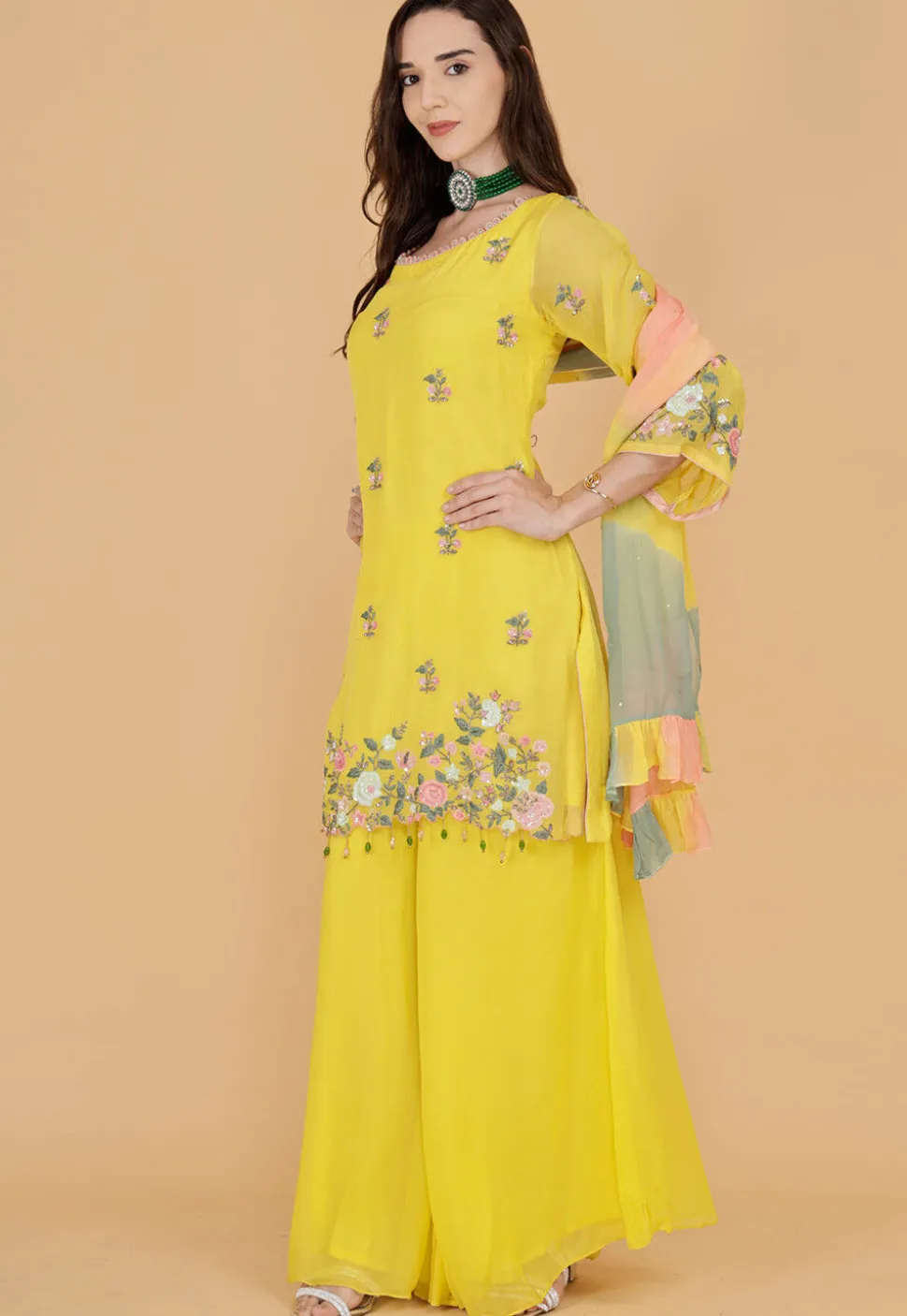 Hand Embroidered Organza Pakistani Suit in Yellow