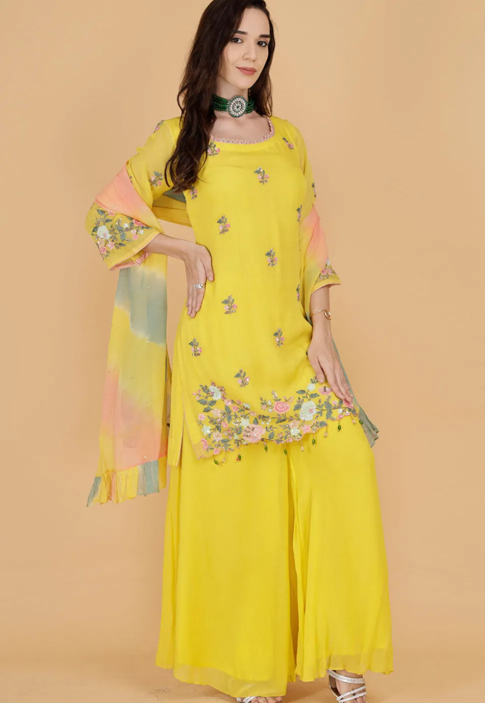 Hand Embroidered Organza Pakistani Suit in Yellow