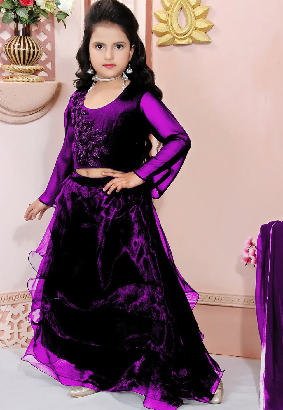 Hand Embroidered Organza Lehenga in Purple