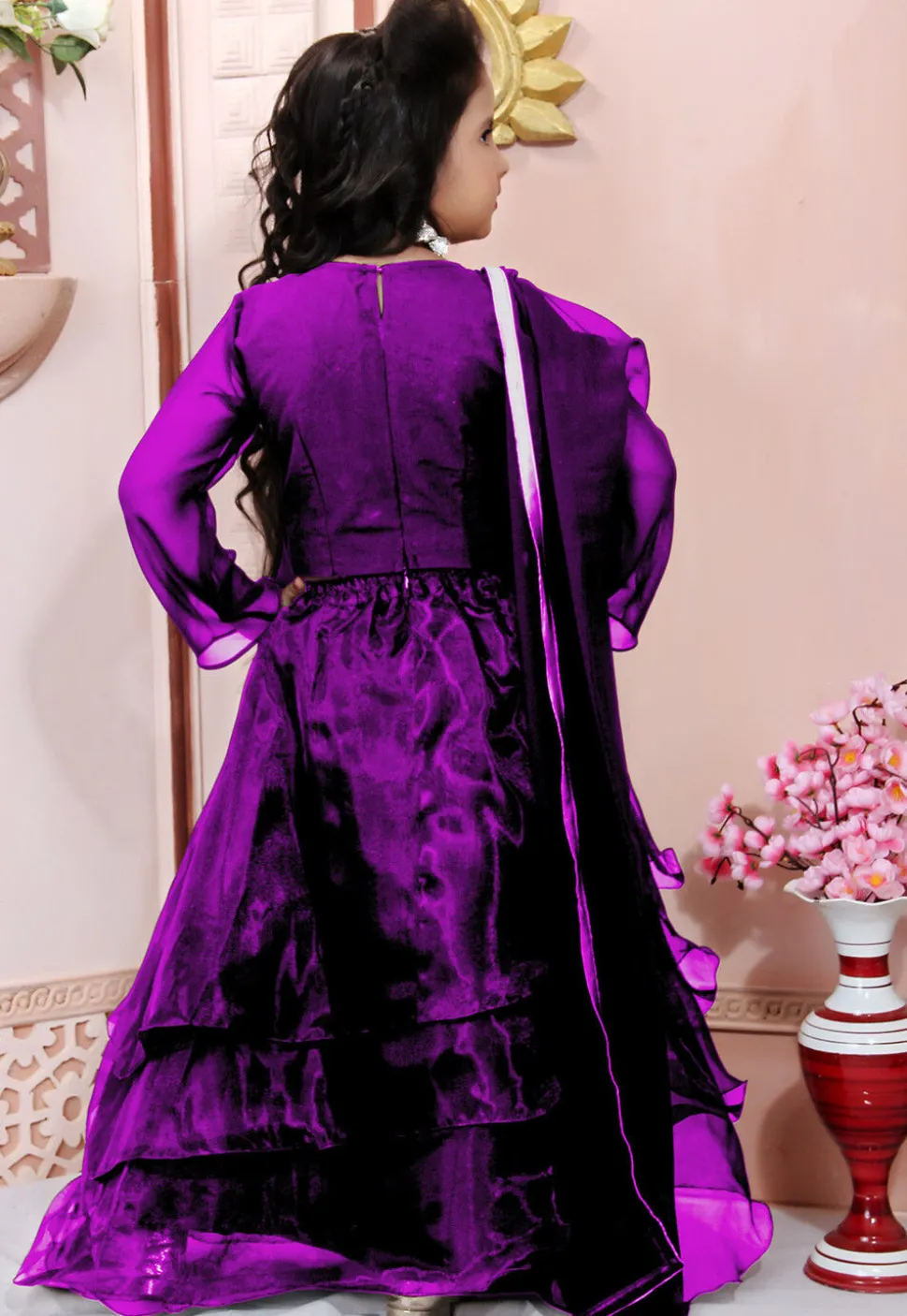 Hand Embroidered Organza Lehenga in Purple