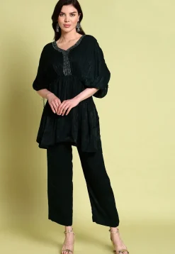 Hand Embroidered Organza Kimono Top Set in Dark Green