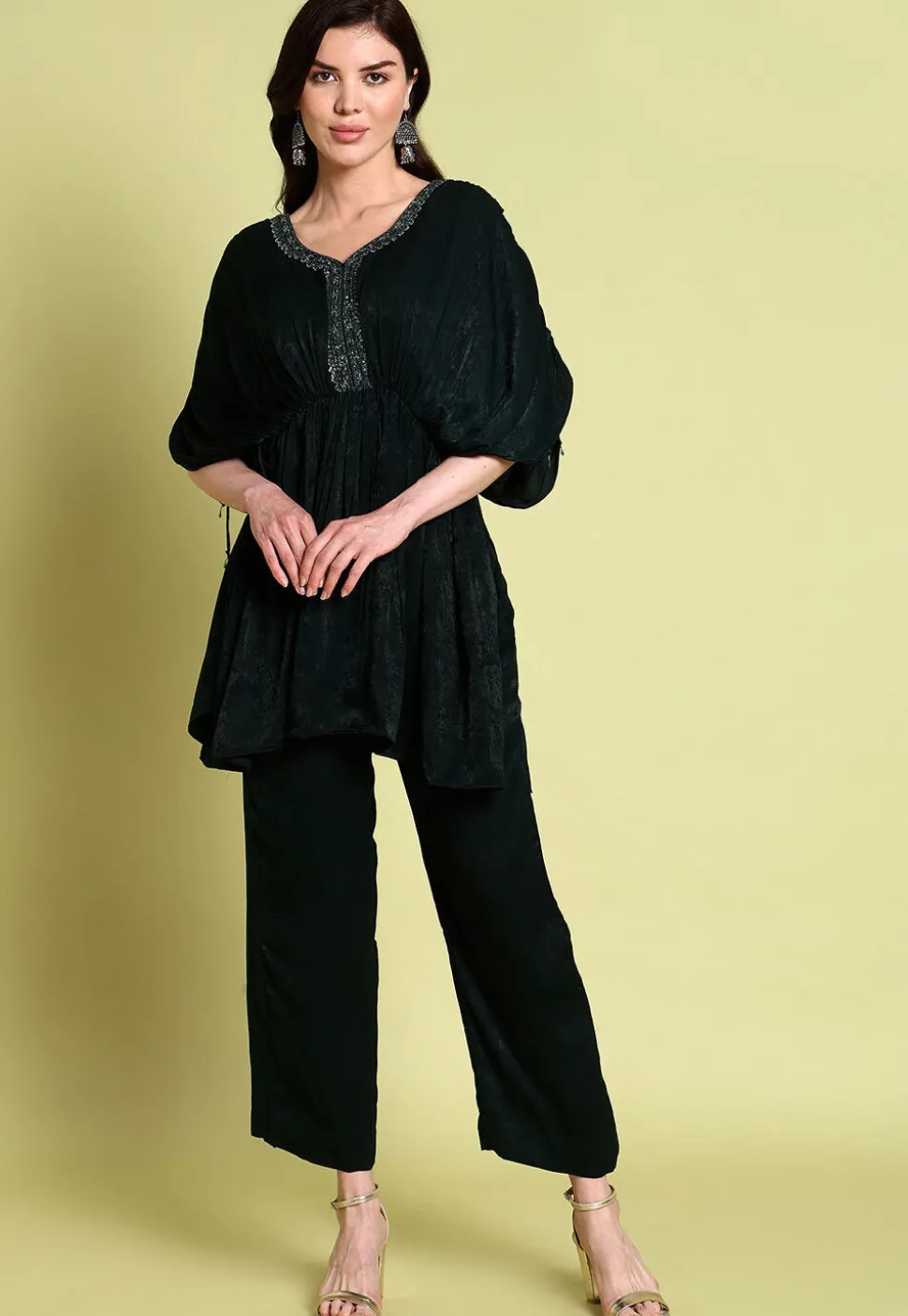 Hand Embroidered Organza Kimono Top Set in Dark Green
