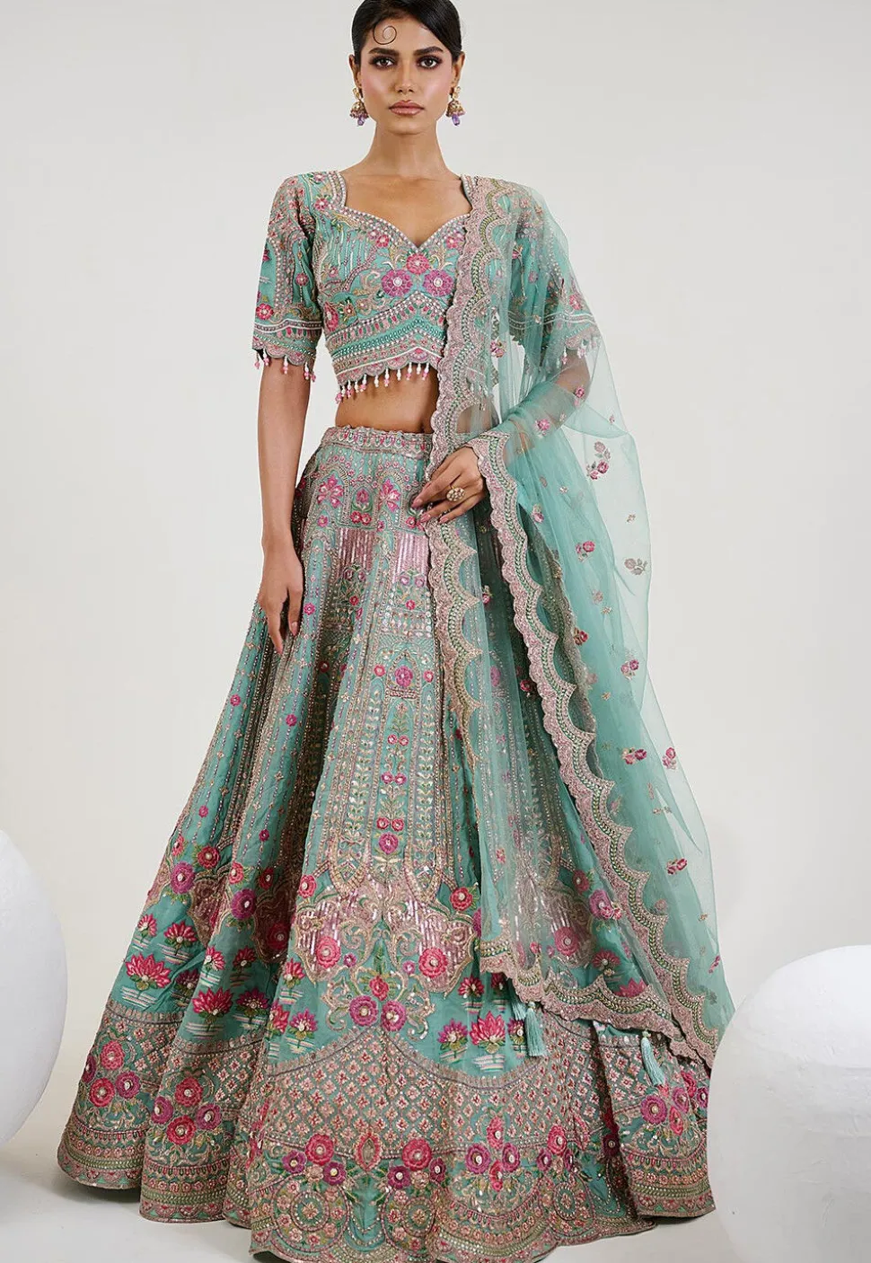 Hand Embroidered Organza Lehenga in Sea Green