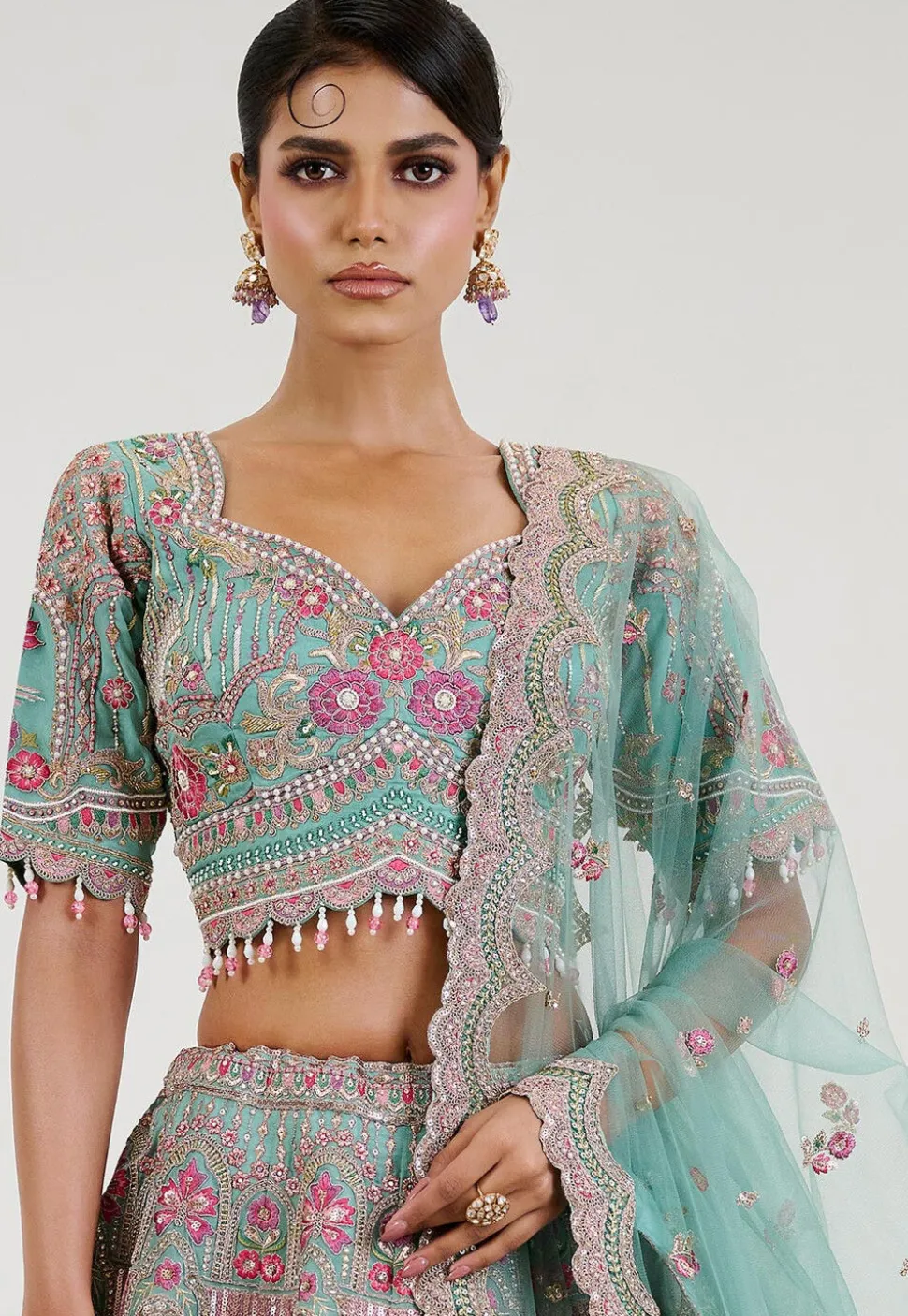 Hand Embroidered Organza Lehenga in Sea Green