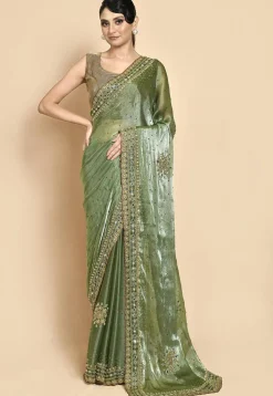 Hand Embroidered Organza Saree in Dusty Green