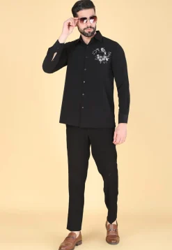 Hand Embroidered Polyester Shirt in Black