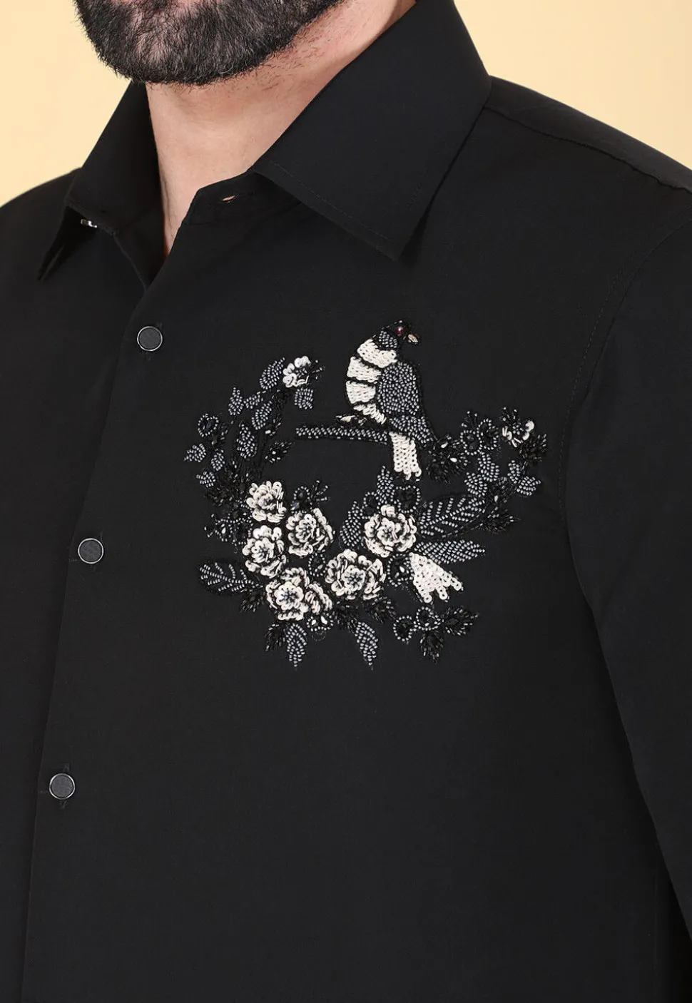 Hand Embroidered Polyester Shirt in Black