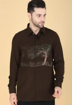 Hand Embroidered Polyester Shirt in Dark Brown