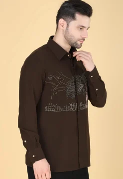 Hand Embroidered Polyester Shirt in Dark Brown