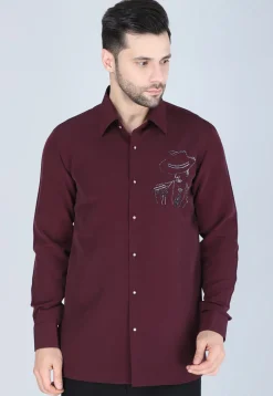 Hand Embroidered Polyester Shirt in Wine